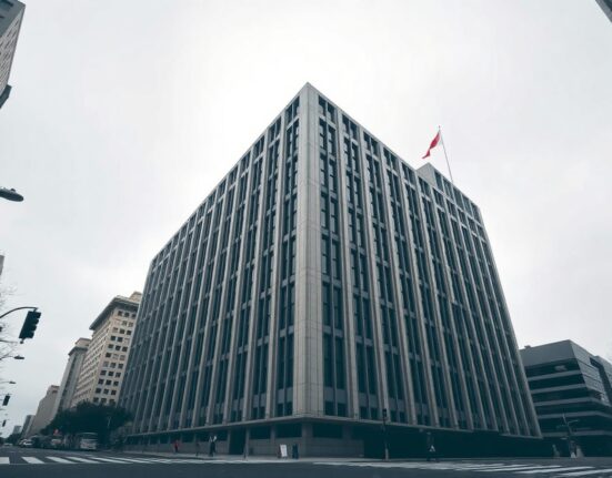 Exterior view of the Bank of Japan headquarters in Tokyo on a cloudy day.
