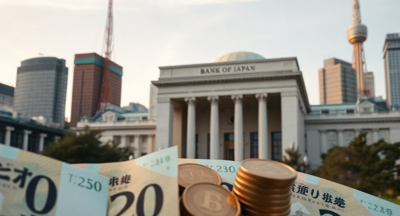 Bank of Japan headquarters in Tokyo, with yen banknotes and coins in foreground, symbolizing monetary policy and yen strength.