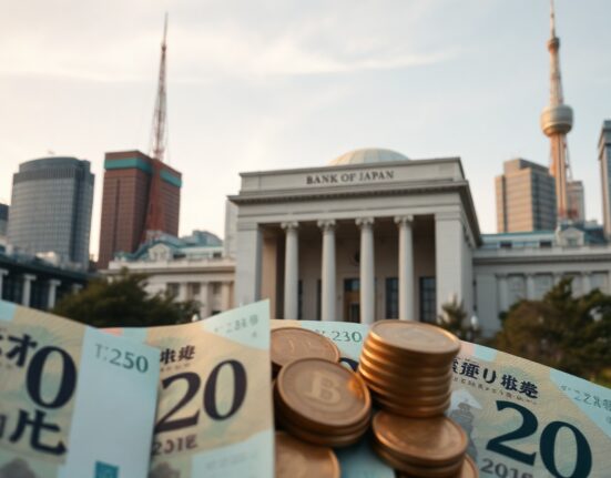 Bank of Japan headquarters in Tokyo, with yen banknotes and coins in foreground, symbolizing monetary policy and yen strength.