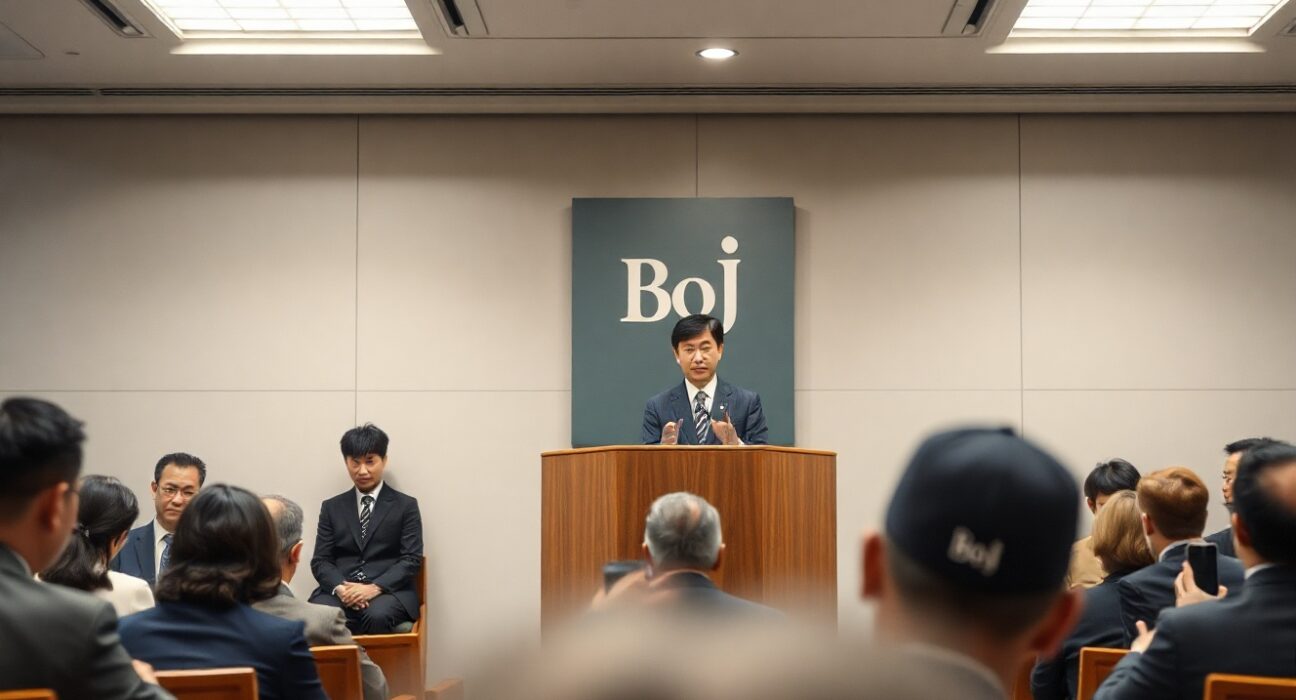 Bank of Japan Deputy Governor Shinichi Uchida speaking at a press conference in Tokyo about monetary policy outlook.