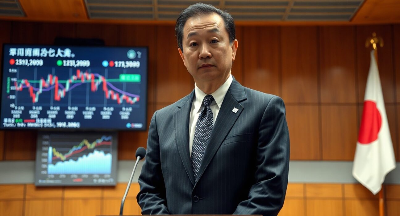 Bank of Japan Governor Kazuo Ueda speaking at a press conference, signaling continued interest rate hikes.