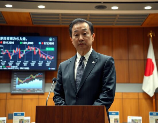 Bank of Japan Governor Kazuo Ueda speaking at a press conference, signaling continued interest rate hikes.