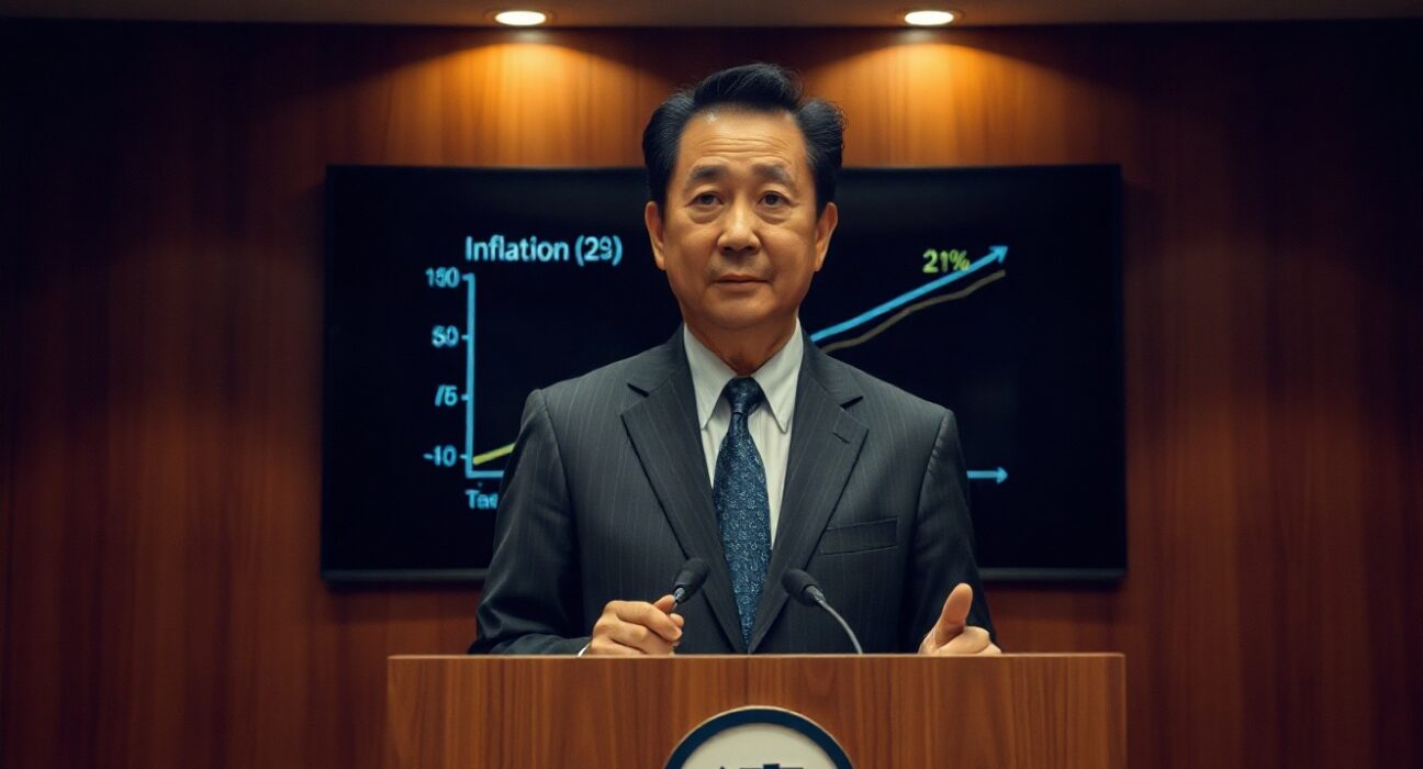 Bank of Japan Governor Kazuo Ueda speaking at a press conference in Tokyo, signaling rate hikes as inflation approaches 2%.