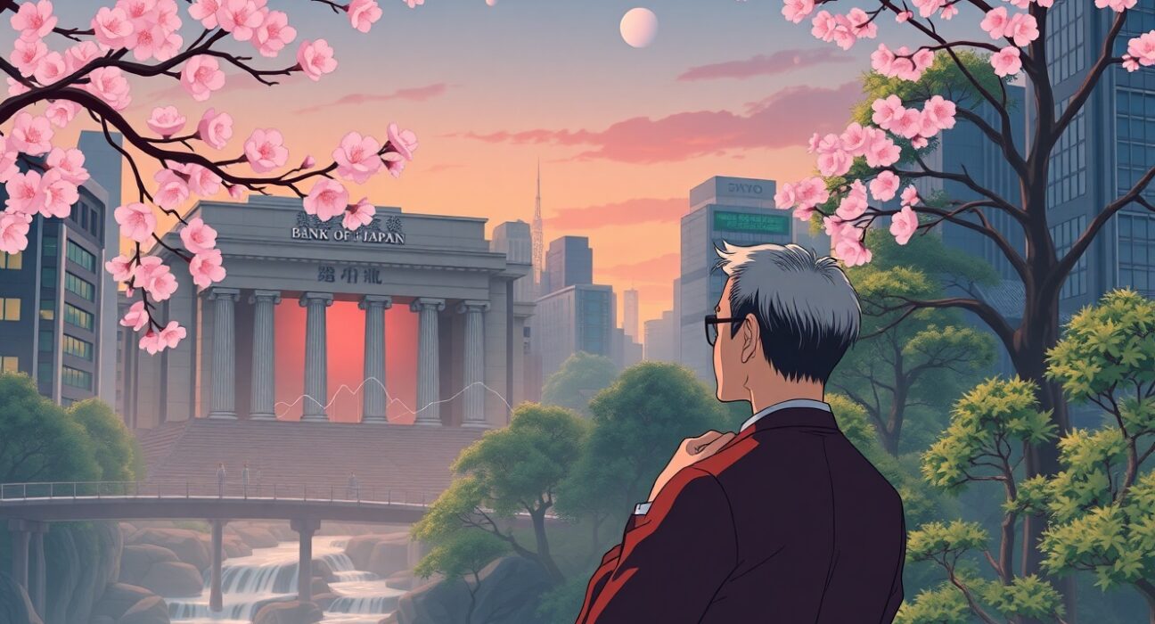 Bank of Japan Governor Kazuo Ueda analyzing economic charts with inflation data and monetary policy implications