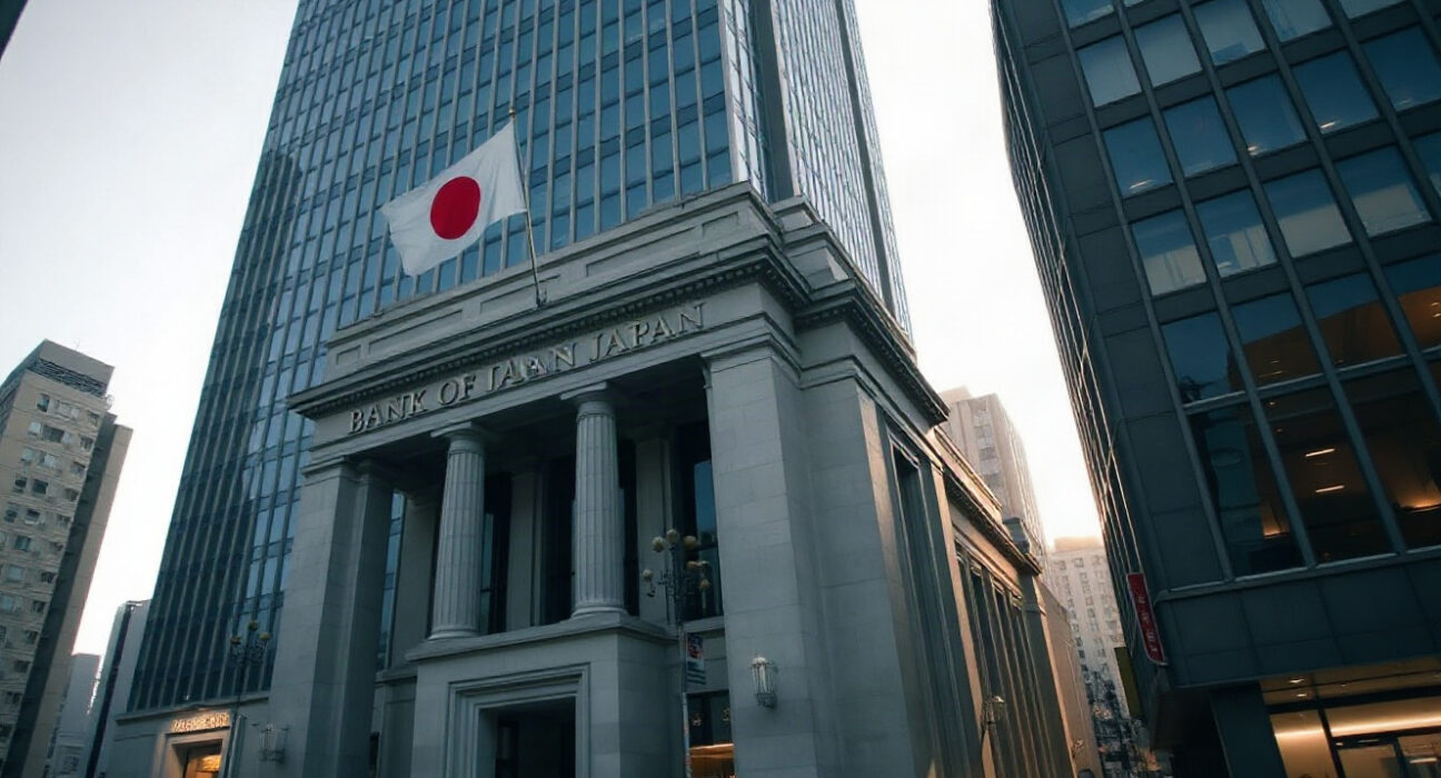 Bank of Japan headquarters in Tokyo, with Ueda signaling no comment on daily yen moves while markets price in a September rate hike.