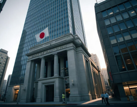 Bank of Japan headquarters in Tokyo, with Ueda signaling no comment on daily yen moves while markets price in a September rate hike.