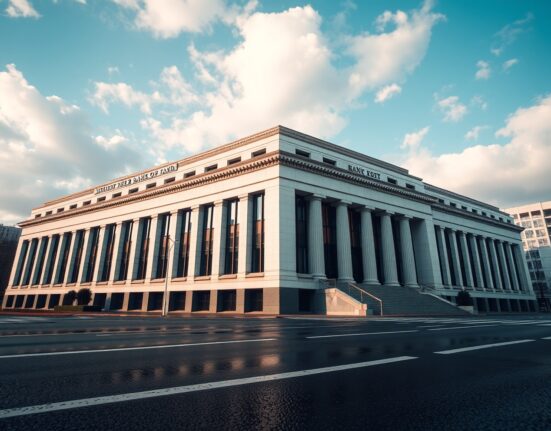 Bank of Japan headquarters in Tokyo under a partly cloudy sky, representing monetary policy decisions.