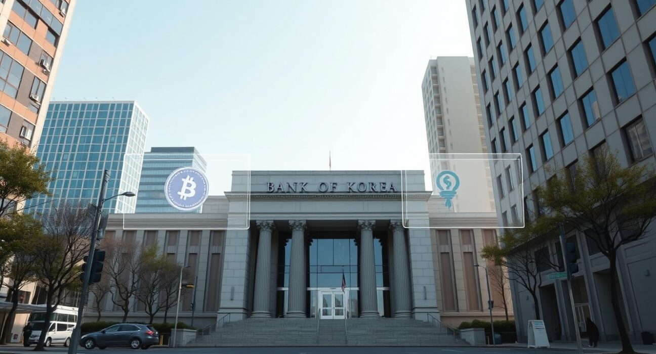 Bank of Korea headquarters with digital currency interface representing stablecoin regulation debate