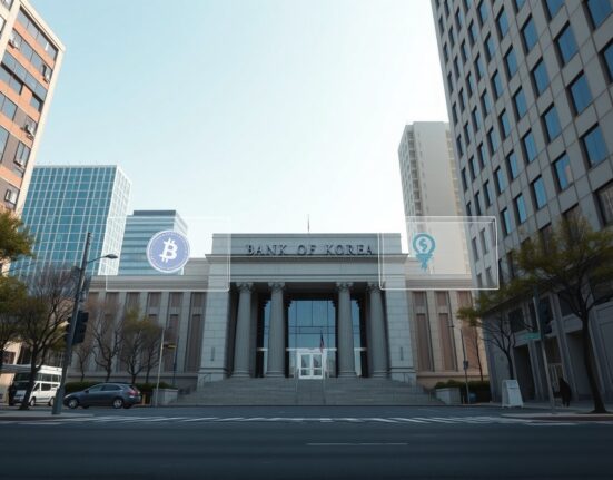 Bank of Korea headquarters with digital currency interface representing stablecoin regulation debate