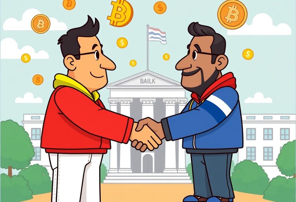 A cartoon illustration showing collaboration between Bolivia and El Salvador to promote Bolivia crypto adoption.