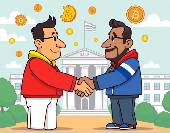 A cartoon illustration showing collaboration between Bolivia and El Salvador to promote Bolivia crypto adoption.
