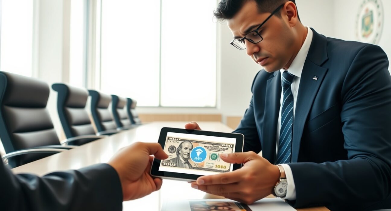 Bolivian government official reviewing Tether (USDT) integration proposal on a tablet with national currency symbols visible.