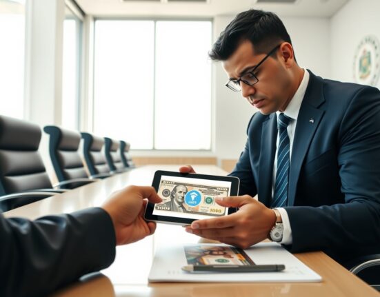 Bolivian government official reviewing Tether (USDT) integration proposal on a tablet with national currency symbols visible.