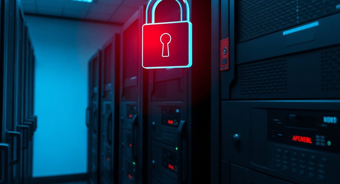 Server room with a glowing red alert light and digital padlock, representing AI-based cyber attacks on a Bitcoin platform