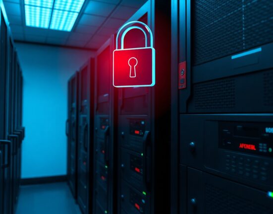 Server room with a glowing red alert light and digital padlock, representing AI-based cyber attacks on a Bitcoin platform