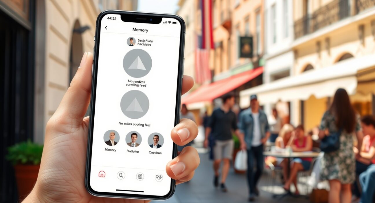 Bond social media app on a smartphone promoting real-world experiences over screen addiction.