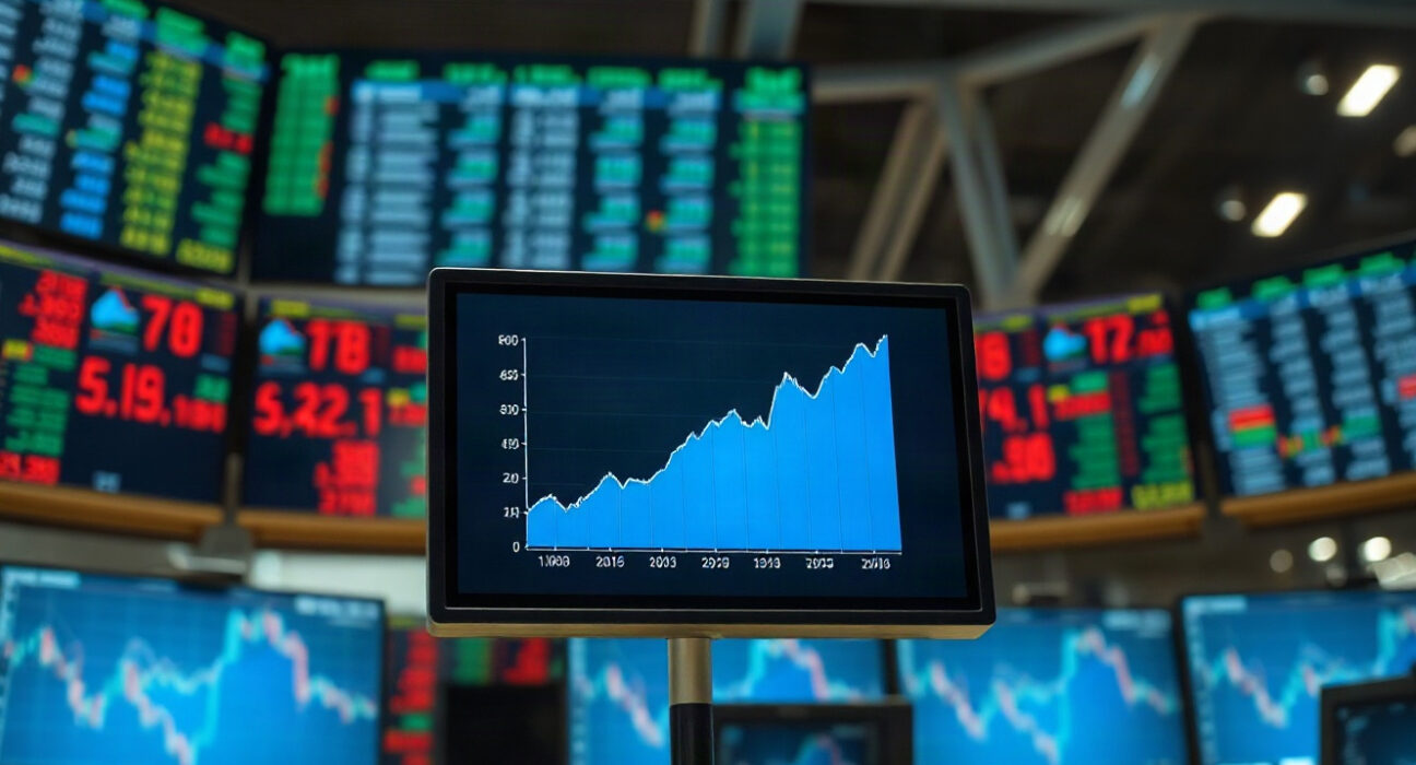 Trading screen showing bond yield curve with upward trend on a modern trading floor