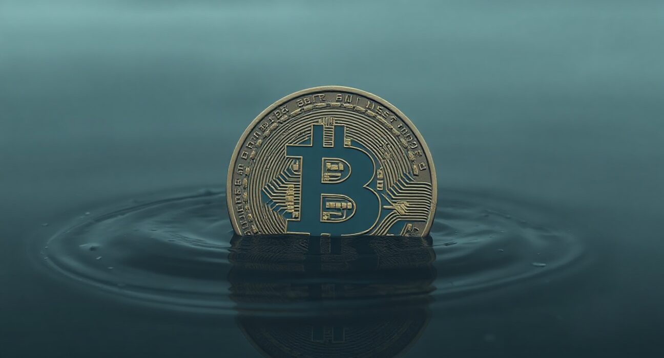 Bitcoin coin partially submerged in dark water, symbolizing market uncertainty and a potential bottom.