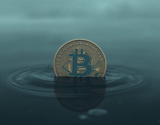 Bitcoin coin partially submerged in dark water, symbolizing market uncertainty and a potential bottom.