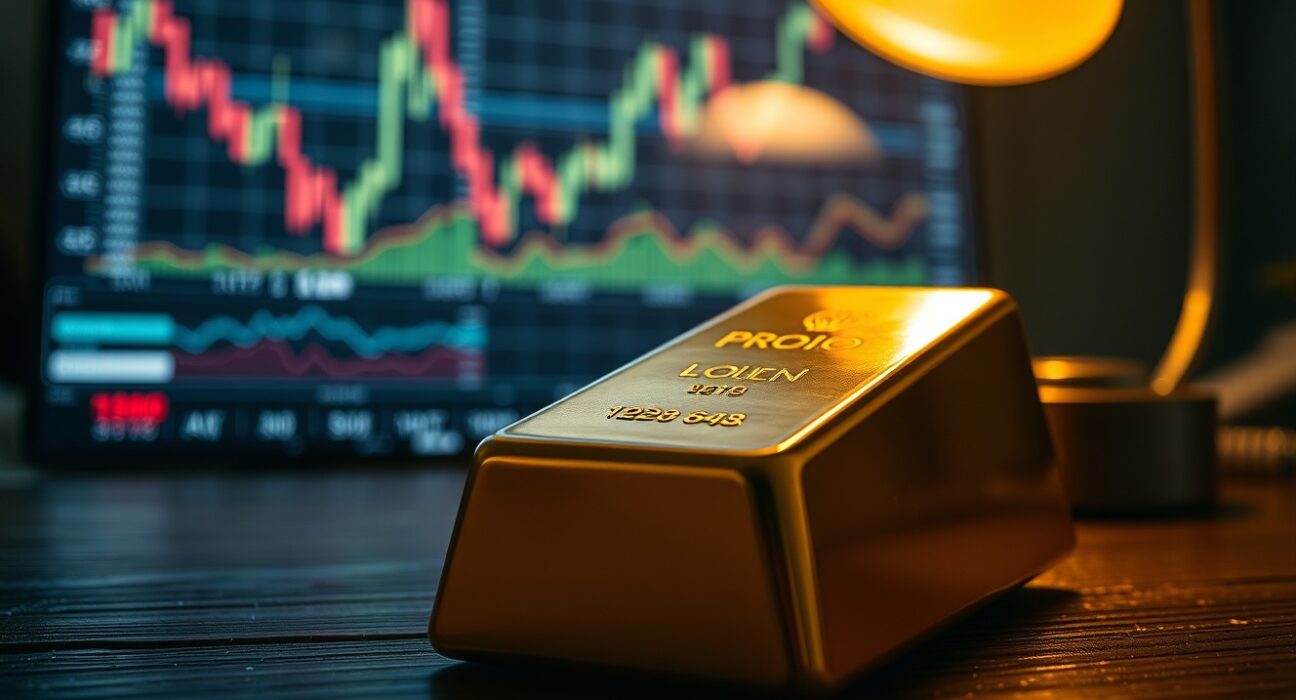 Gold bar on wooden surface with blurred financial charts in background