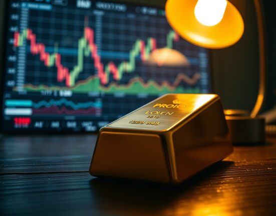 Gold bar on wooden surface with blurred financial charts in background