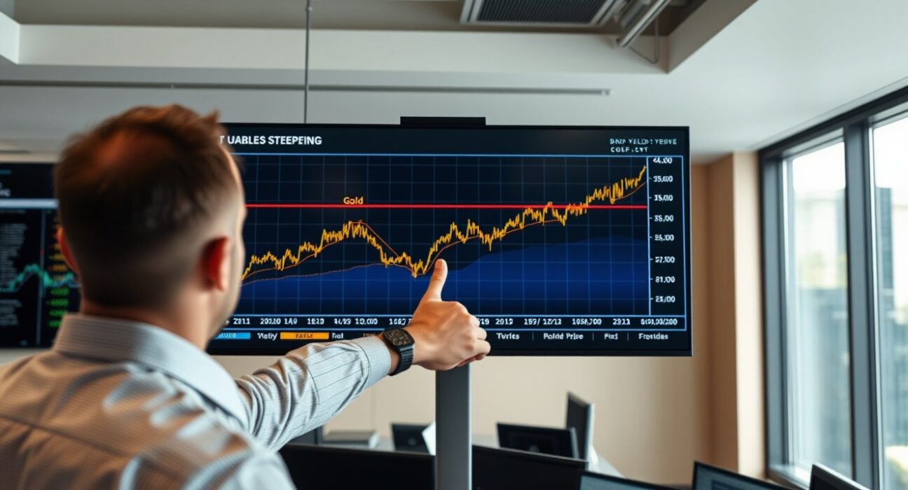 Financial analyst pointing at a screen showing a bond yield and gold price chart indicating a market regime change
