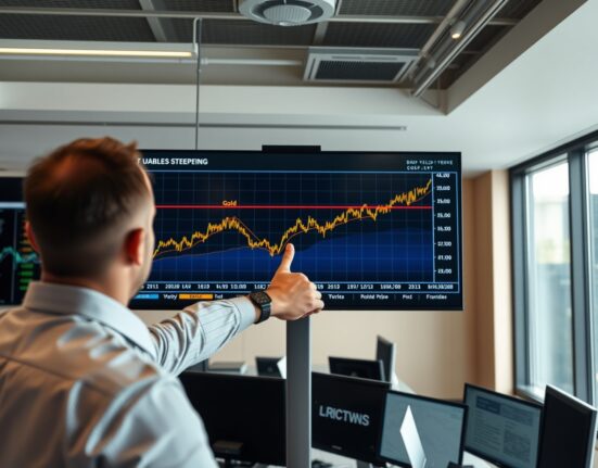 Financial analyst pointing at a screen showing a bond yield and gold price chart indicating a market regime change