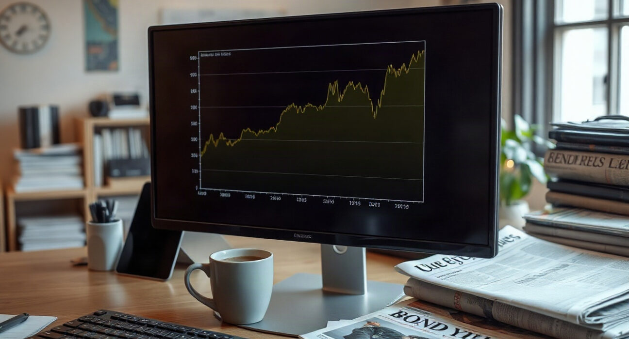 Financial newsroom desk with monitor showing rising bond yield chart