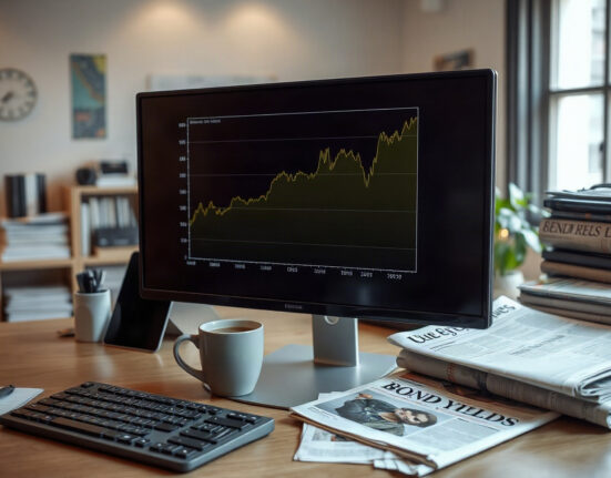 Financial newsroom desk with monitor showing rising bond yield chart