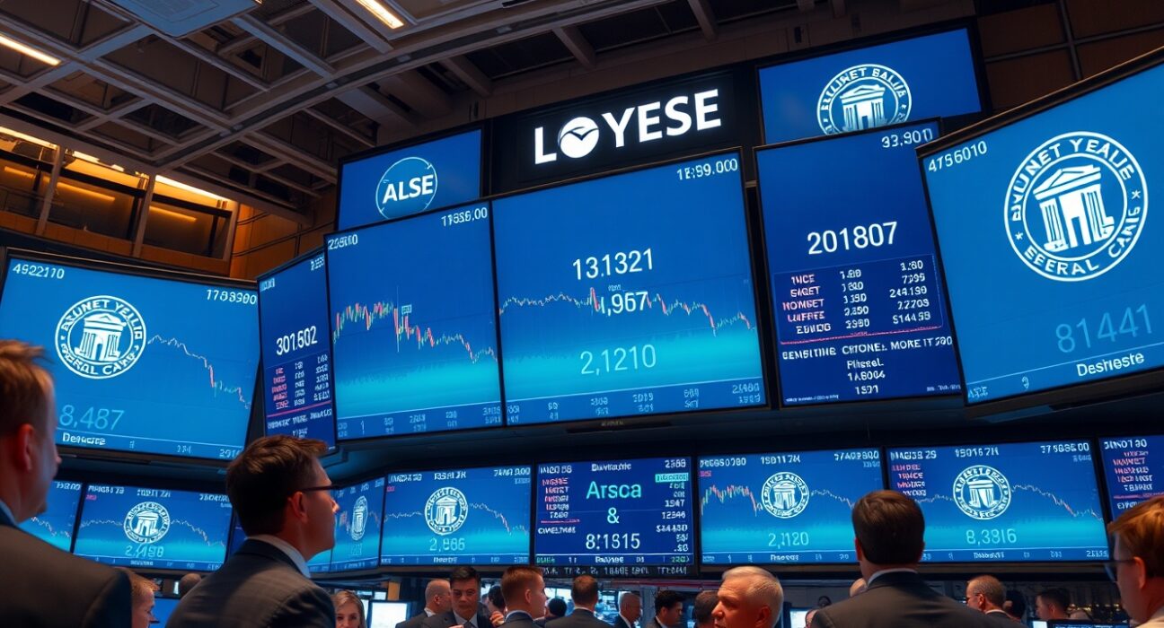 Trading floor with screens showing bond yield data and central bank logos