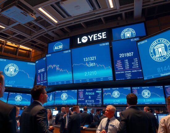 Trading floor with screens showing bond yield data and central bank logos