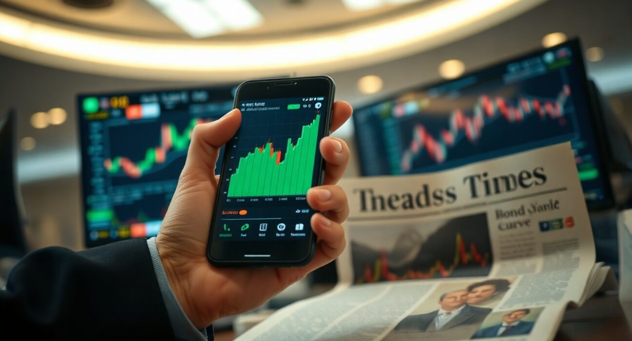 Trader monitoring gold price charts on smartphone amid bond market data on screen