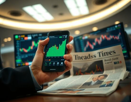 Trader monitoring gold price charts on smartphone amid bond market data on screen
