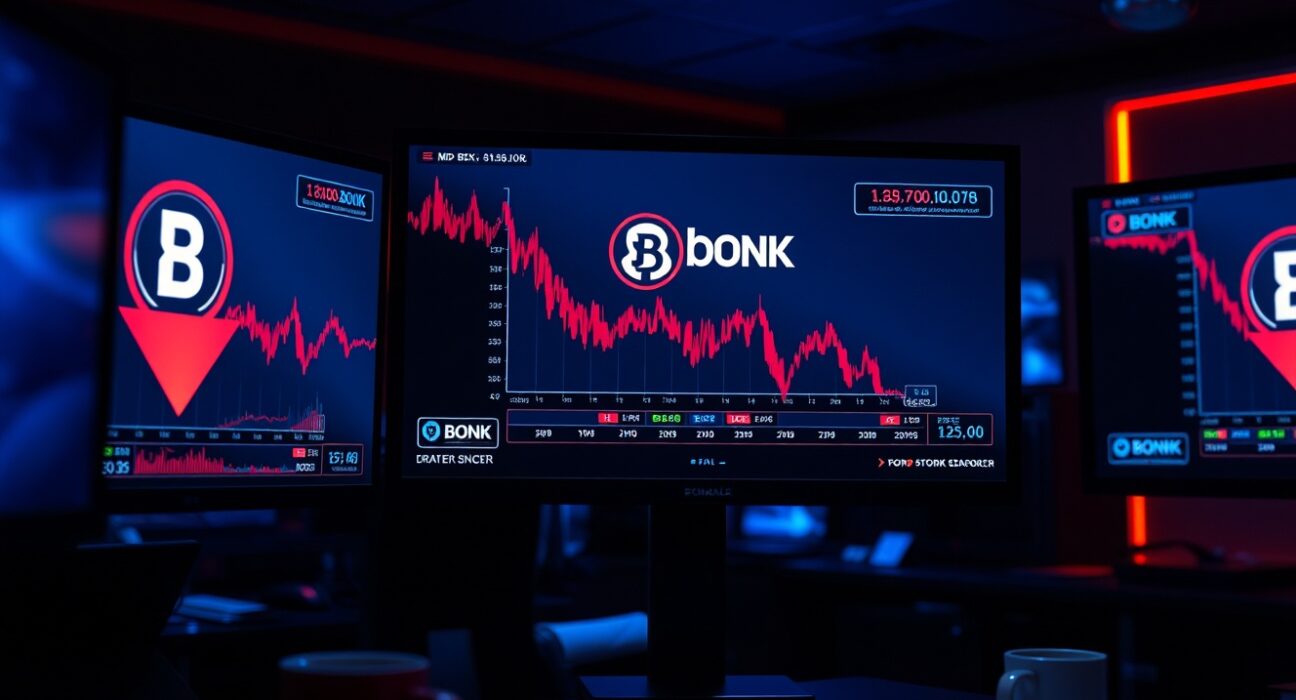 BONK token price chart showing decline with red arrow in a professional newsroom setting