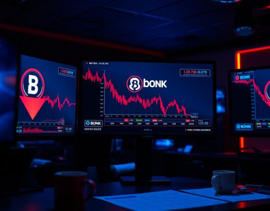 BONK token price chart showing decline with red arrow in a professional newsroom setting