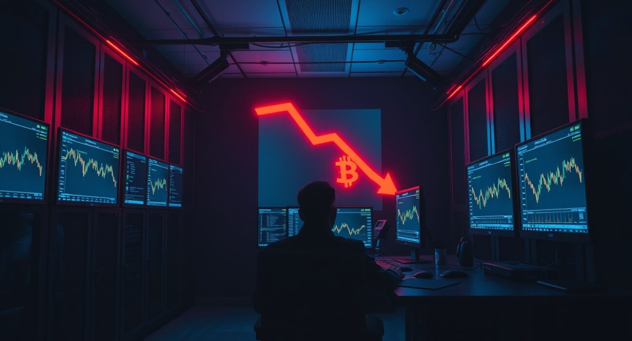 Dimly lit server room with monitors showing a crypto price crash, representing the BONK governance exploit.