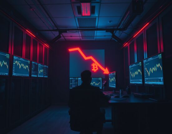 Dimly lit server room with monitors showing a crypto price crash, representing the BONK governance exploit.