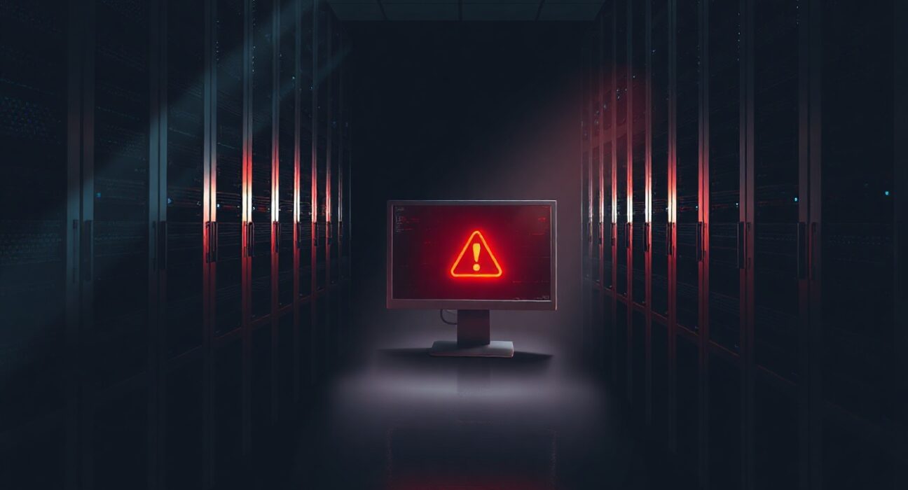 Computer monitor displaying a security alert in a dark server room, representing a crypto governance attack.
