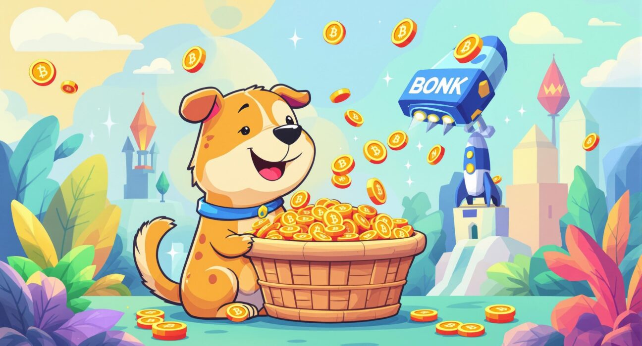 A cartoon illustration showing the positive impact of LetsBONK's buyback initiative on the BONK ecosystem, with coins flowing into a thriving community.