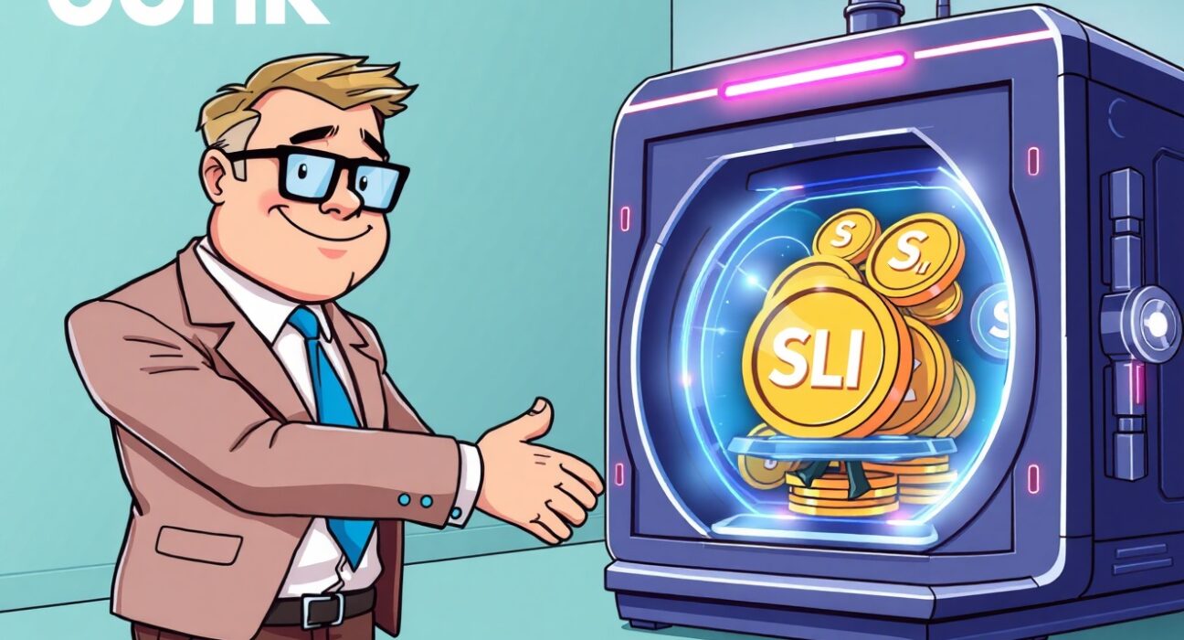 Sharps Technology executive shaking hands with Bonk character, symbolizing the strategic Bonk Solana staking partnership.