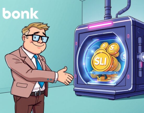 Sharps Technology executive shaking hands with Bonk character, symbolizing the strategic Bonk Solana staking partnership.