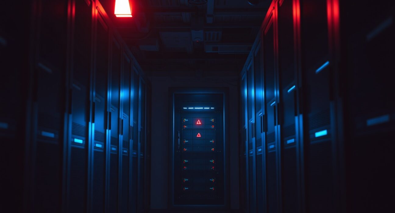 Dimly lit server room with red warning glow indicating a security breach