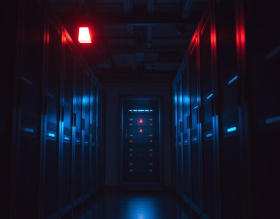 Dimly lit server room with red warning glow indicating a security breach