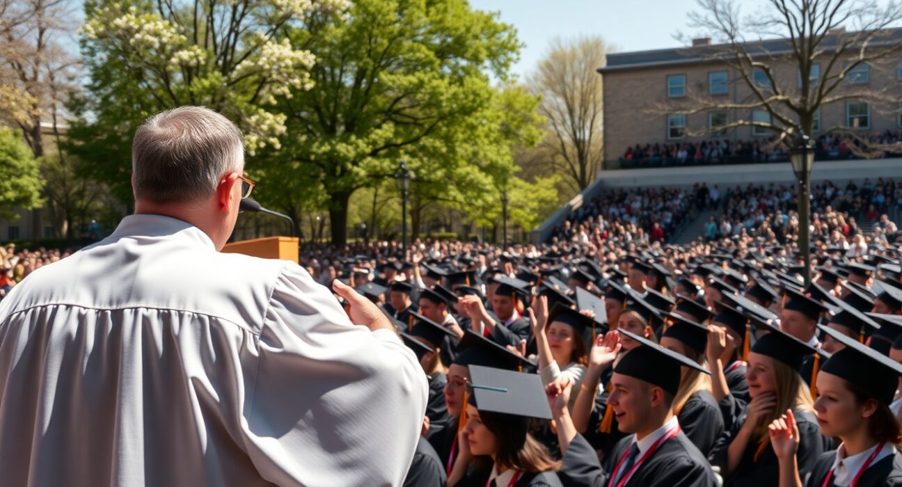 Graduation speaker at podium as students in caps and gowns boo during a commencement ceremony