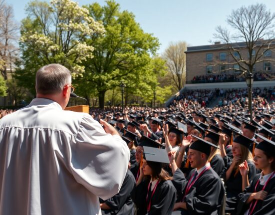 Graduation speaker at podium as students in caps and gowns boo during a commencement ceremony