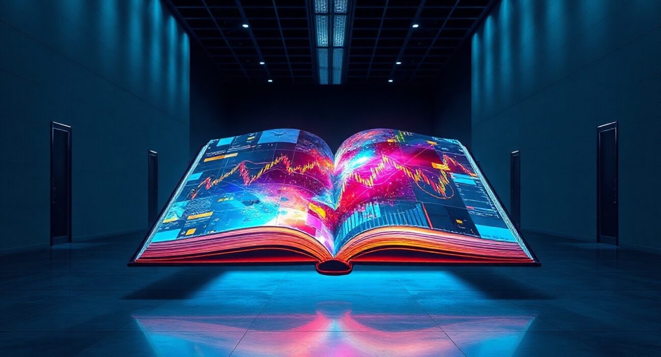 A glowing digital book displaying crypto charts in a modern gallery setting, representing the Book of Meme project.