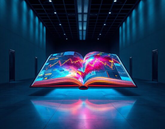 A glowing digital book displaying crypto charts in a modern gallery setting, representing the Book of Meme project.