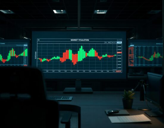 Market depth visualization on a trading monitor at a professional desk