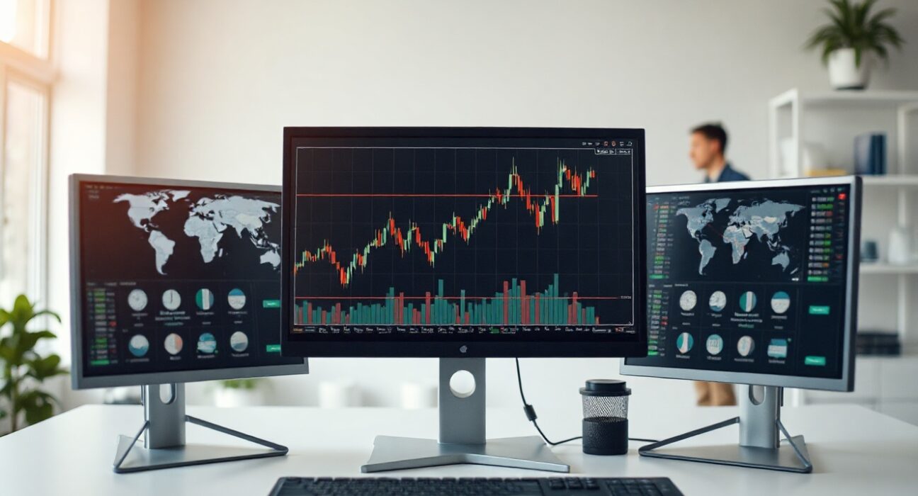 Financial analyst monitors showing currency charts and a world map in a modern office.