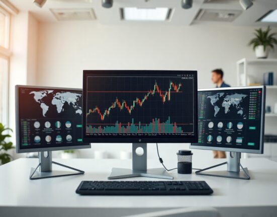 Financial analyst monitors showing currency charts and a world map in a modern office.